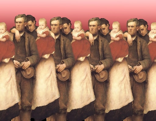 Arte gráfica sobre a obra "Em greve", de Sir Hubert Von Herkomer.